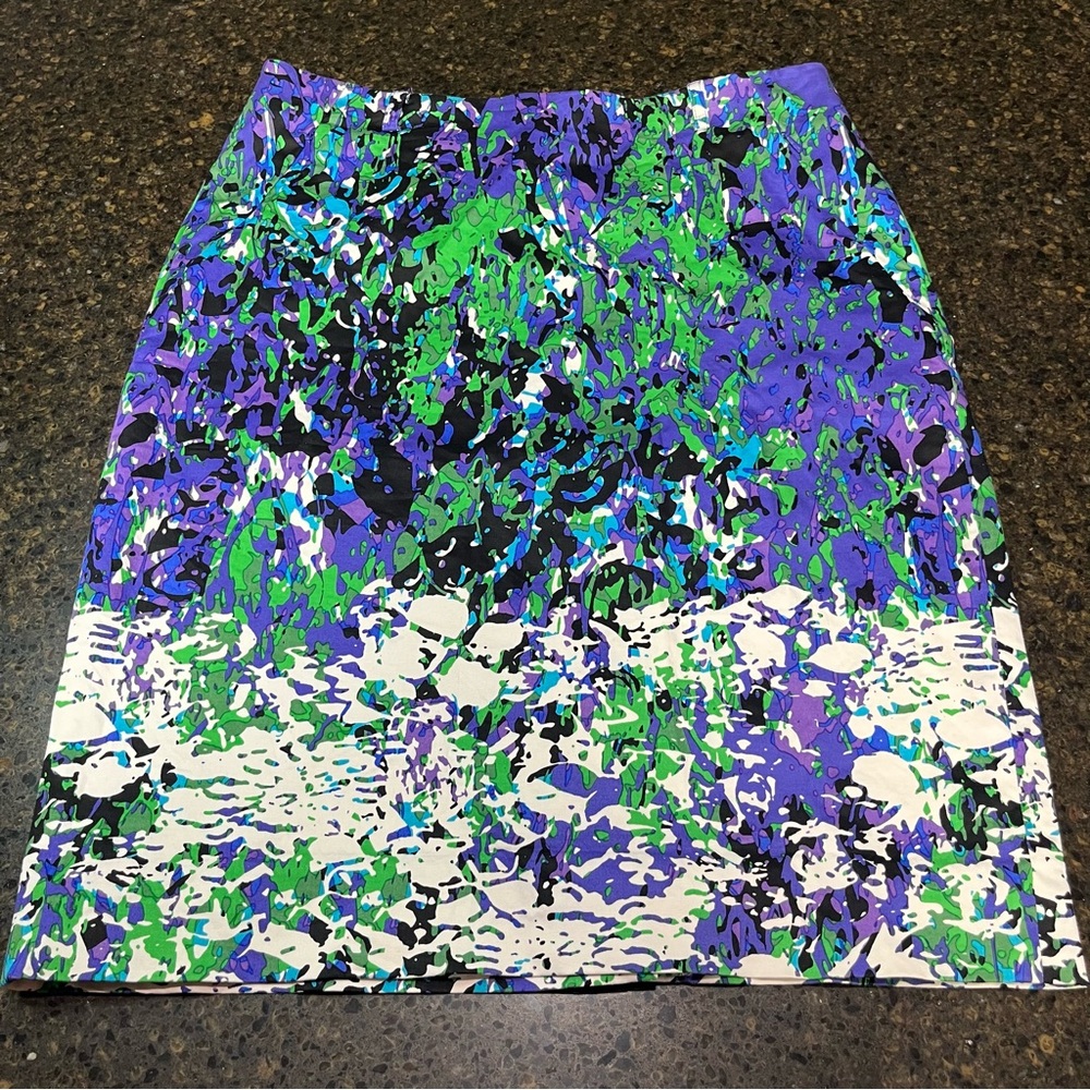 Etcetera Purple White Abstract Lined Satin Pockets Women's Mini Pencil Skirt